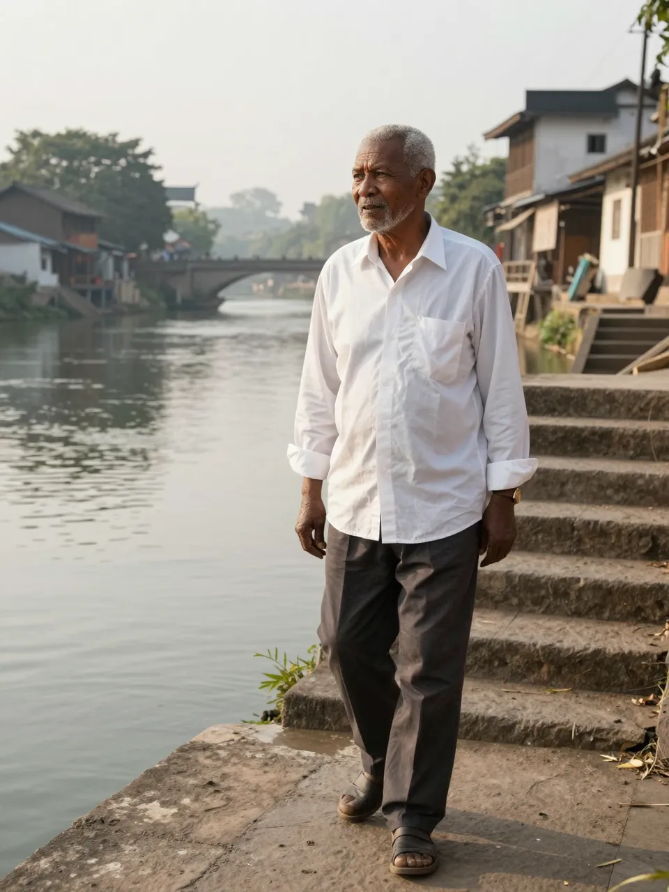 Mixed-race senior man stands on stone riverside steps at sunrise in an old town
