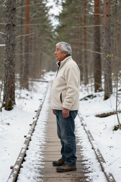 Side view of an elderly man standing on a snow-dusted wooden boardwalk in a winter forest