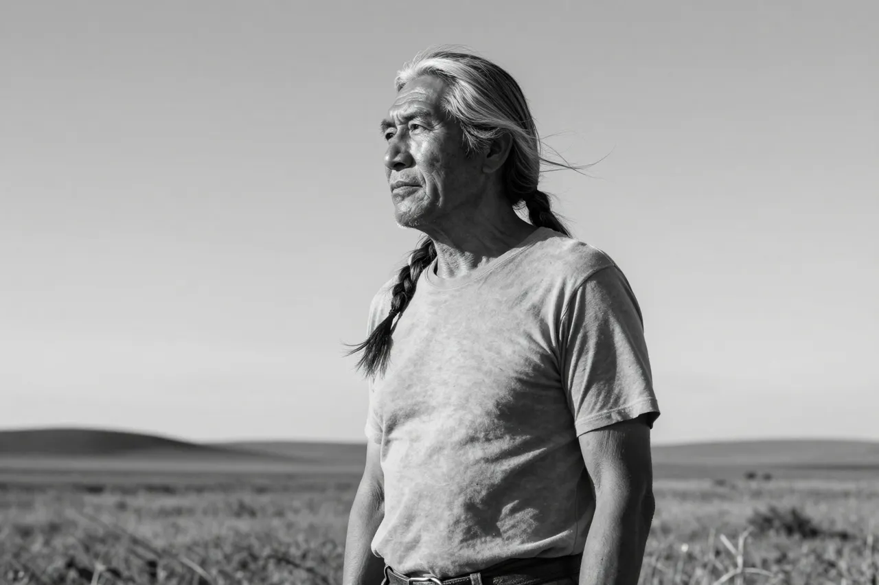 Black and white portrait of an older man with long gray hair gazing out over an open grassy plain