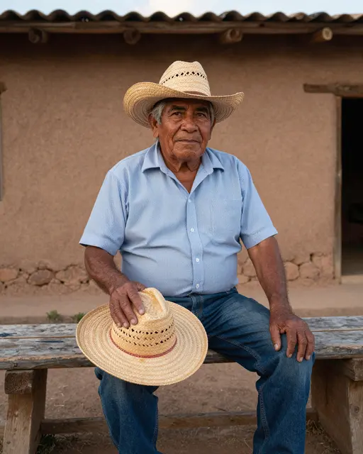 Senior Latino man in a straw hat sits on a wooden bench outside an adobe house at golden hour
