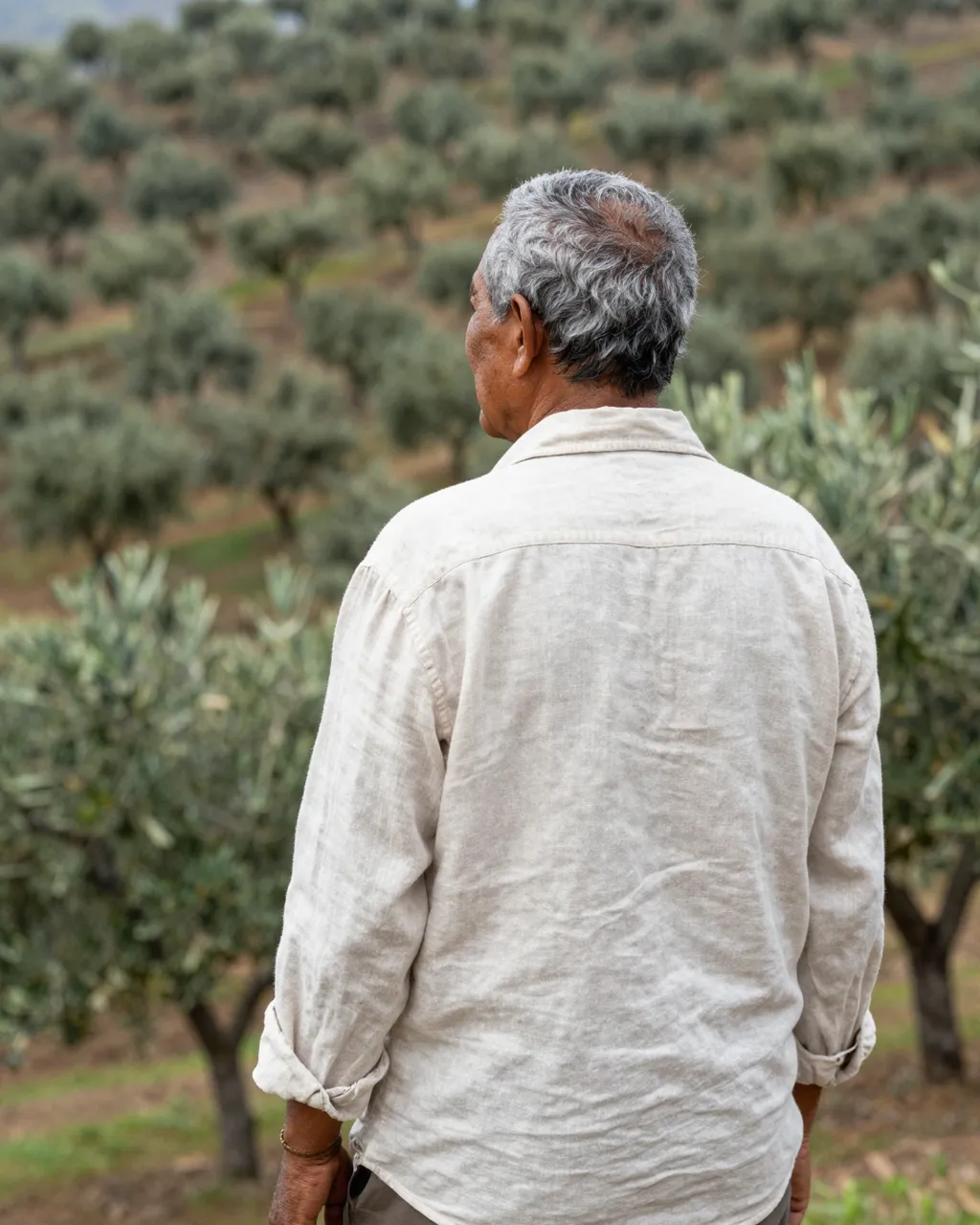 Back view of an older man in a linen shirt standing at a hilltop overlooking rows of olive trees.