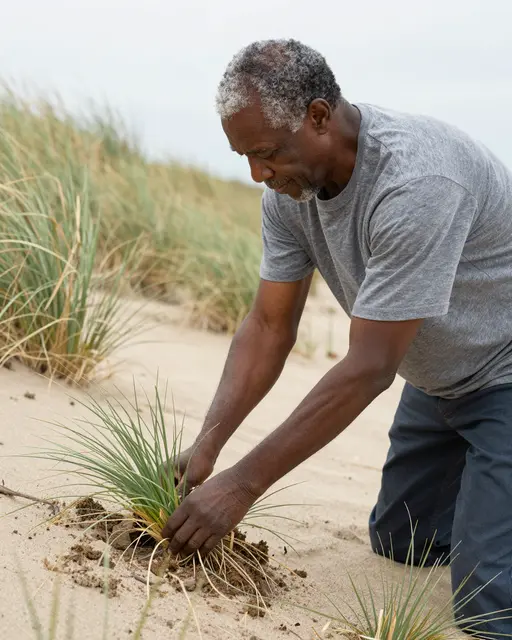 A senior Black man kneels on a sand dune planting marram grass in light sand