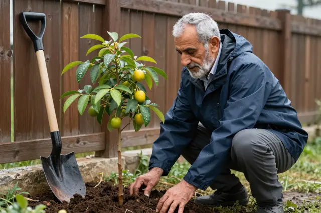 Older Middle Eastern man in a navy rain jacket crouches to plant a small fruiting tree in light drizzle, a spade leans