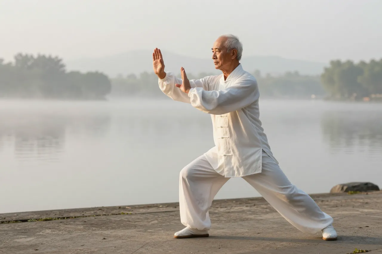 Senior man in loose white clothes performs tai chi on a misty lakeshore at dawn