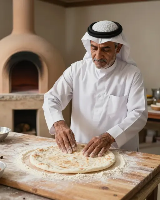Senior Middle Eastern man shapes flatbread on a floured wooden board next to a clay oven in warm indoor light