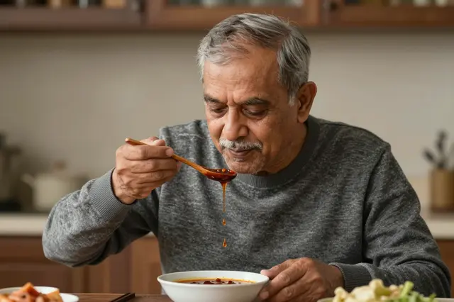 Senior South Asian man in a gray sweater tastes sauce from a wooden spoon over a bowl at a kitchen table with warm light.