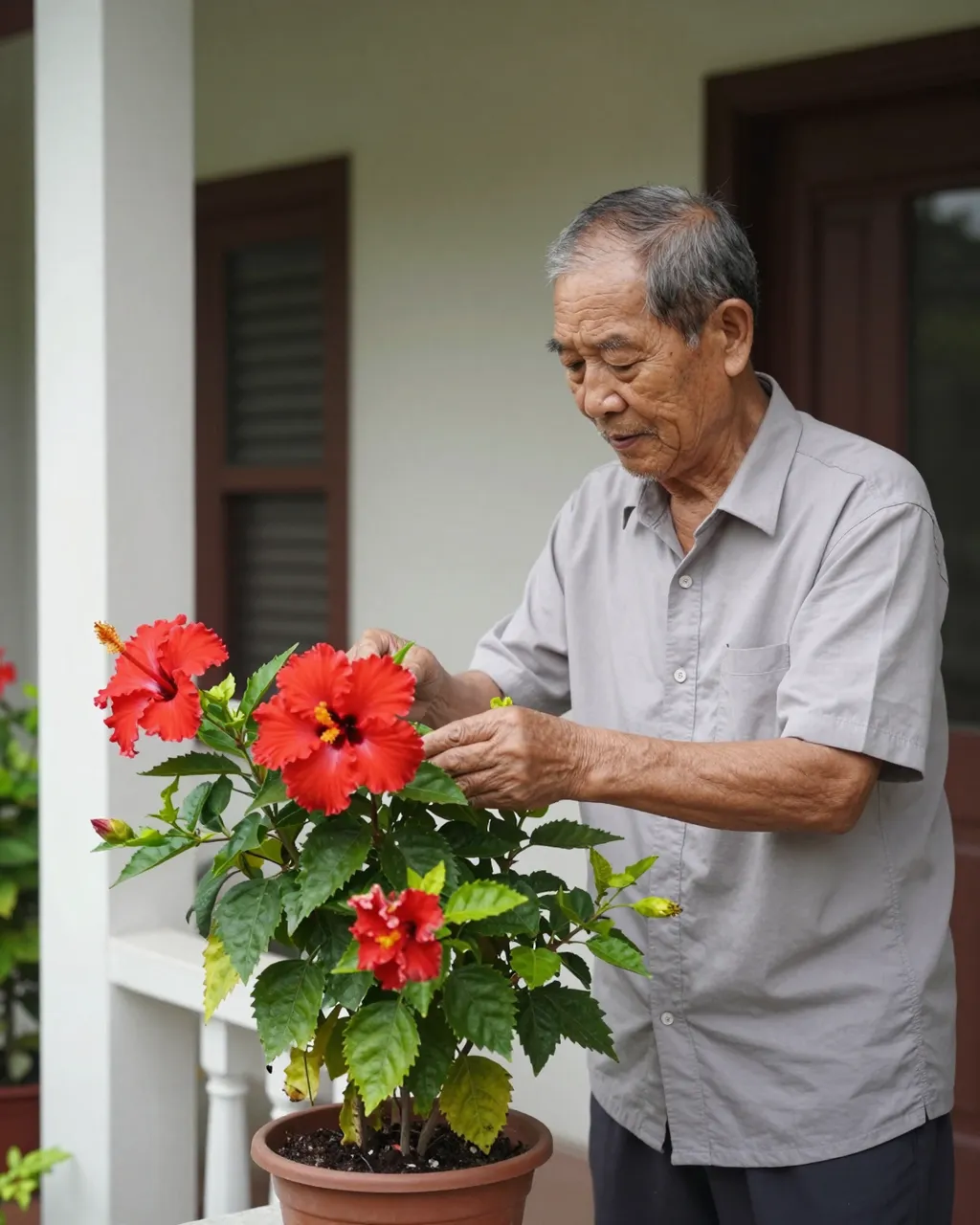 Senior Southeast Asian man tends a potted red hibiscus shrub on his home front porch