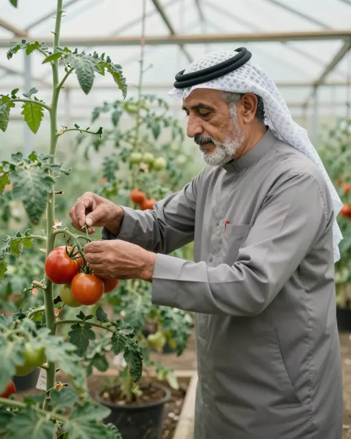 Senior Middle Eastern man tends ripe tomato plants inside a sunlit small greenhouse