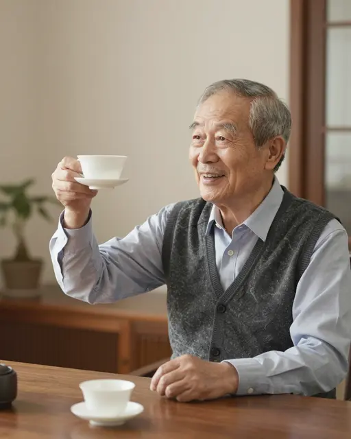 Smiling East Asian man in his eighties holds up a teacup while seated at a wooden desk