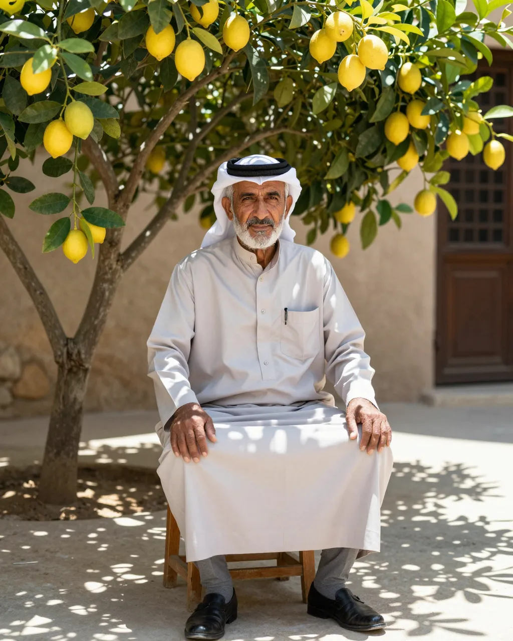 Senior Middle Eastern man seated on a stool under a fruiting lemon tree in a sunlit courtyard