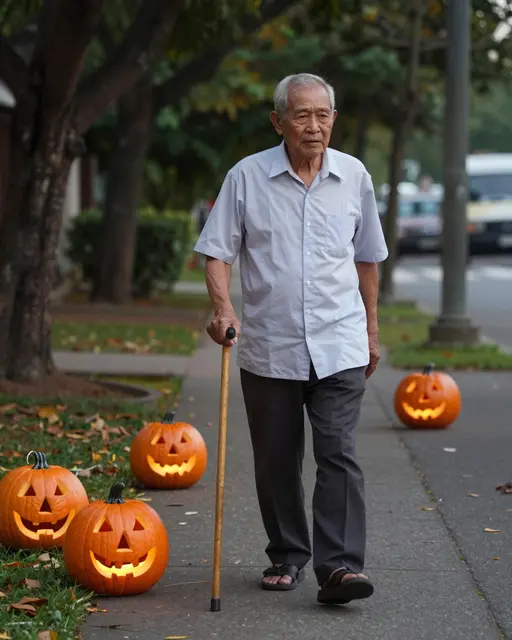 Southeast Asian elderly man with a cane walks along a leafy sidewalk lined with glowing jack-o'-lanterns at dusk.