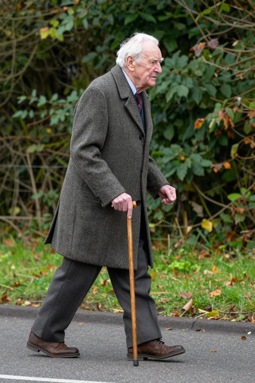 Side view of an elderly man in a tweed coat walking with a wooden cane beside leafy roadside vegetation