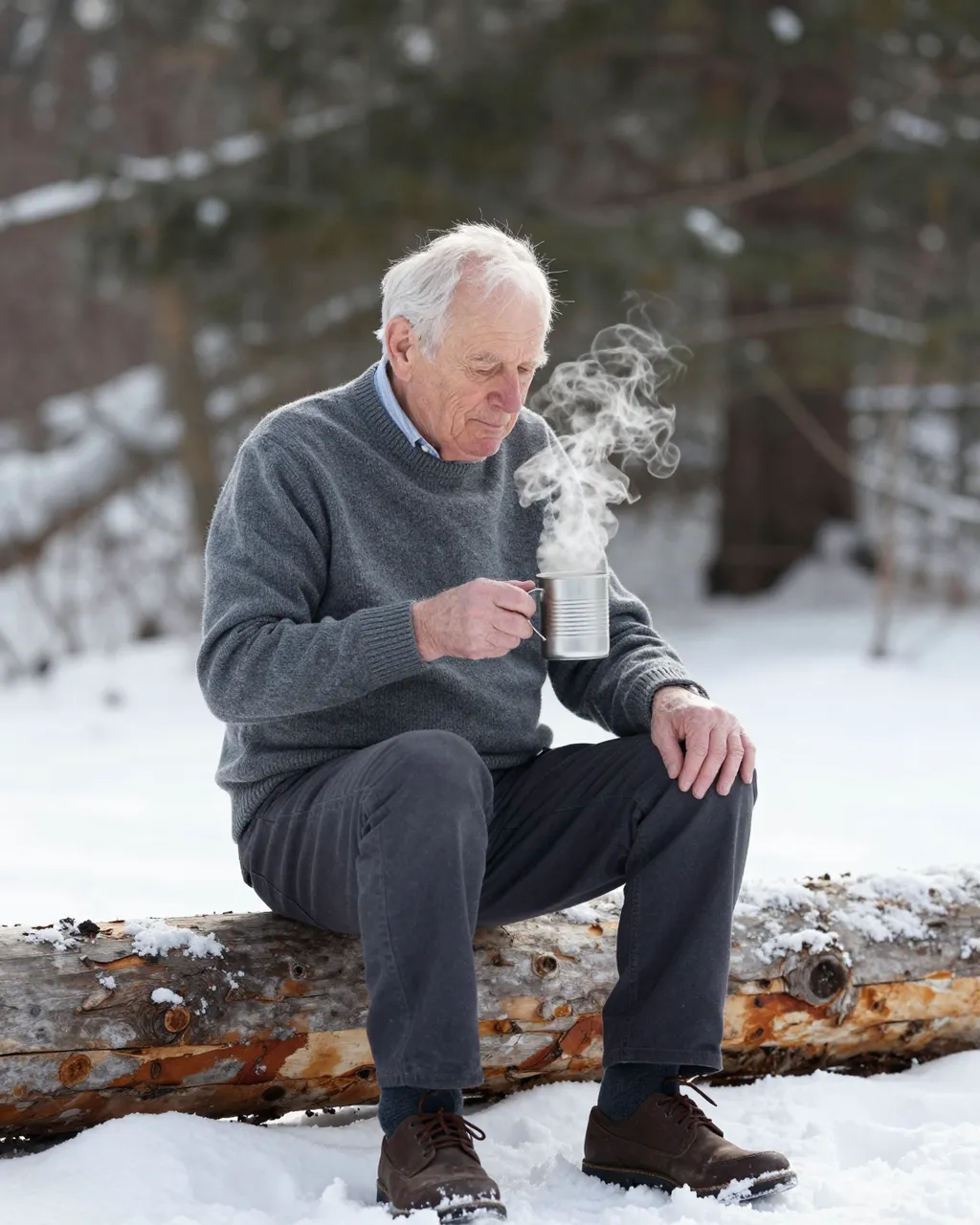 Elderly white man sits on a snow-covered log holding a steaming tin cup in a snowy winter forest.