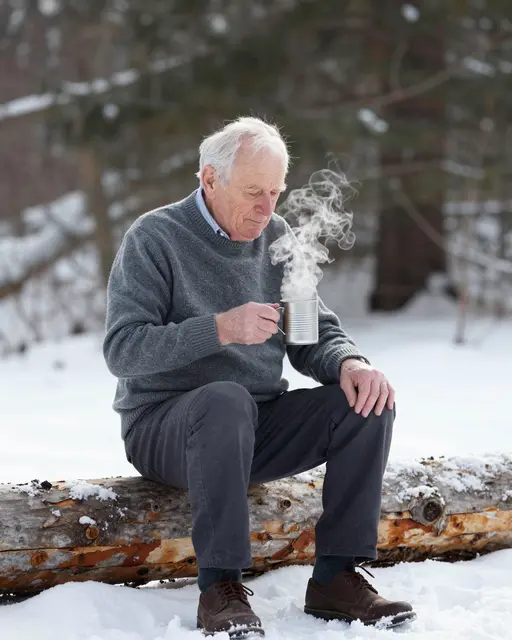 Elderly white man sits on a snow-covered log holding a steaming tin cup in a snowy winter forest.