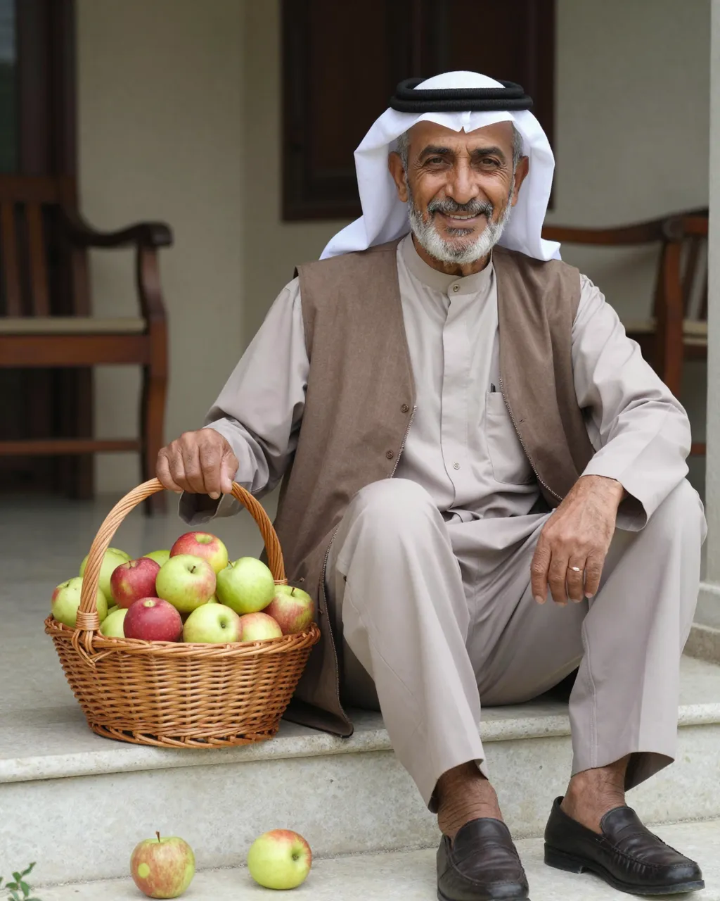 Smiling elderly Middle Eastern man sits on porch steps beside a wicker basket of fresh apples