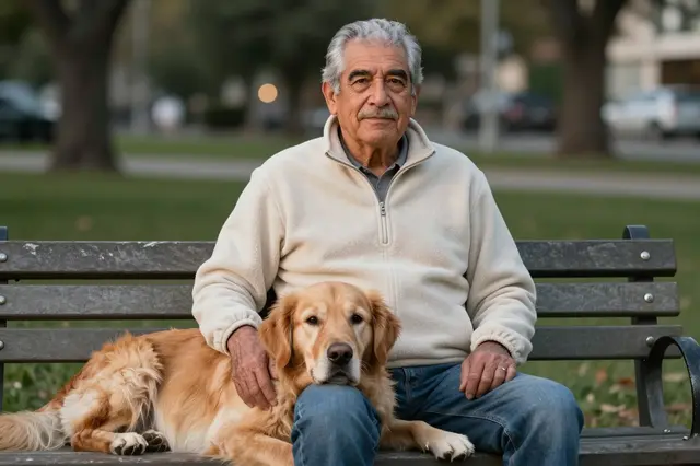 An elderly Latino man sits on a park bench with a golden retriever resting beside him at dusk