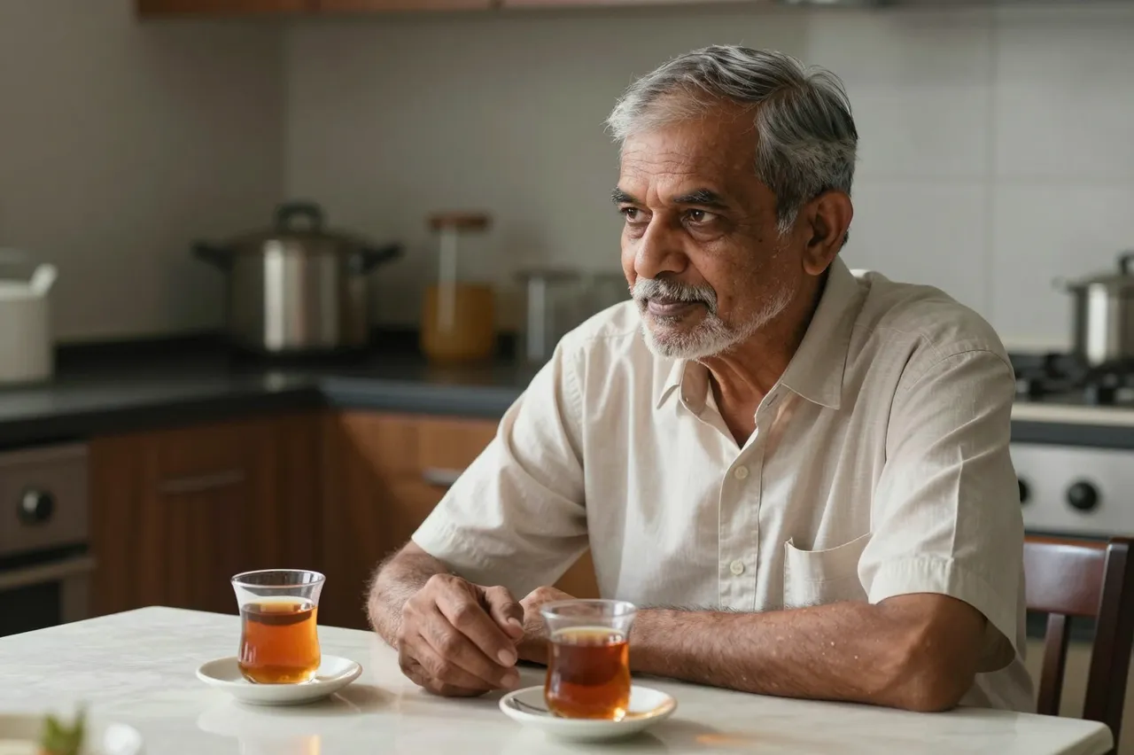 Lonely senior South Asian man sits at a kitchen table with two cups of tea in soft afternoon light