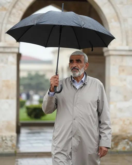 An older Middle Eastern man holds a black umbrella while standing under a stone arch on a rainy day.