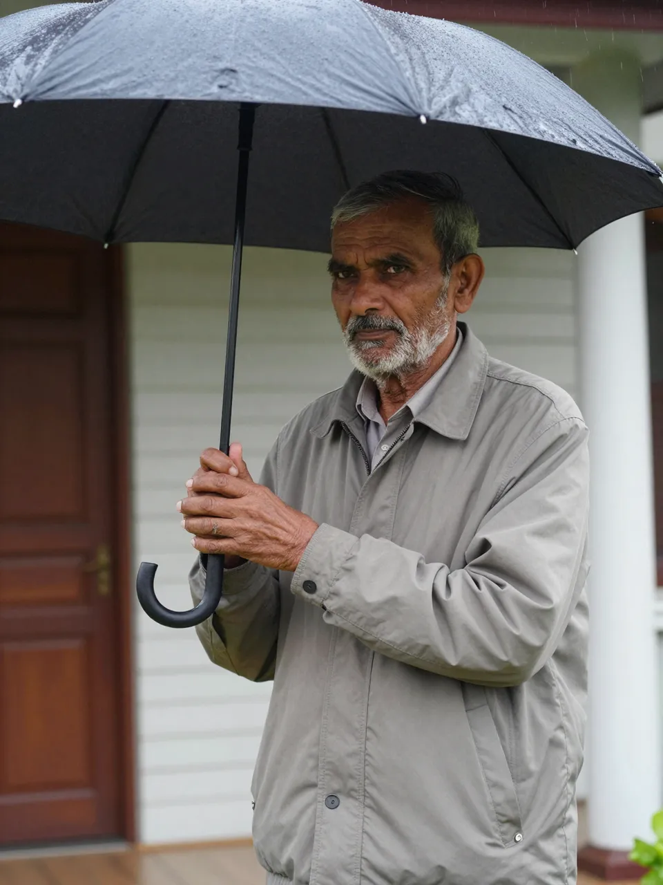 Older South Asian man stands on a home porch holding an open black umbrella in rainy weather