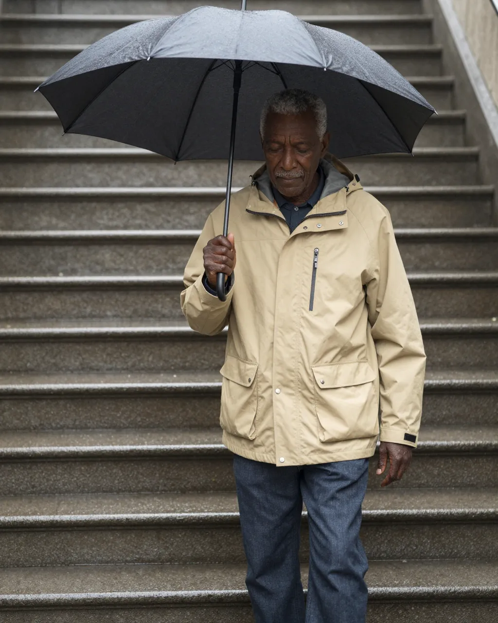 Older Black man in a tan rain jacket walks down wet station stairs holding a black umbrella in rain.