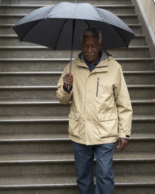 Older Black man in a tan rain jacket walks down wet station stairs holding a black umbrella in rain.