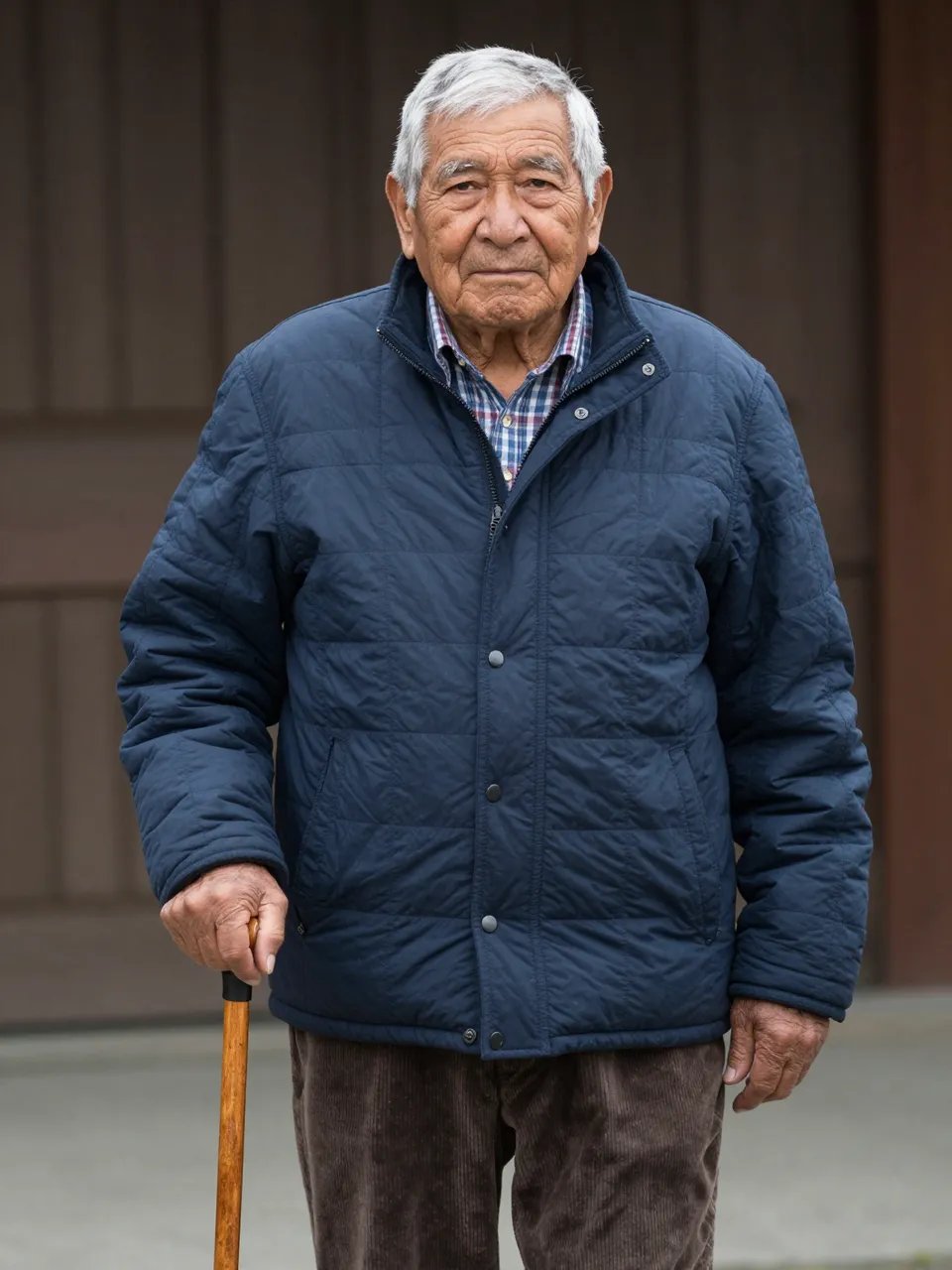 Elderly man in a navy quilted jacket holds a wooden cane while standing outdoors