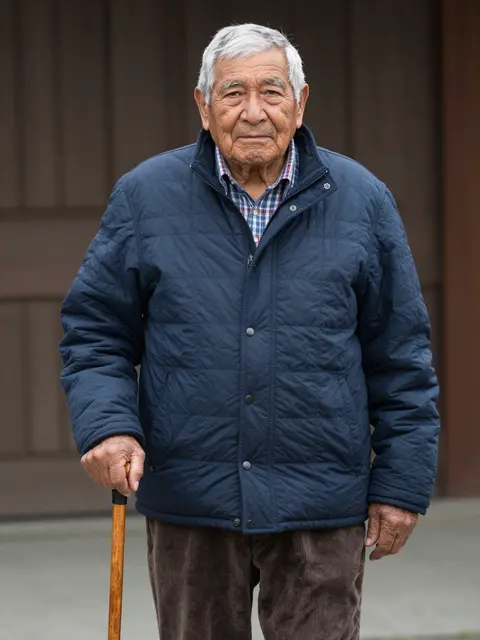 Elderly man in a navy quilted jacket holds a wooden cane while standing outdoors