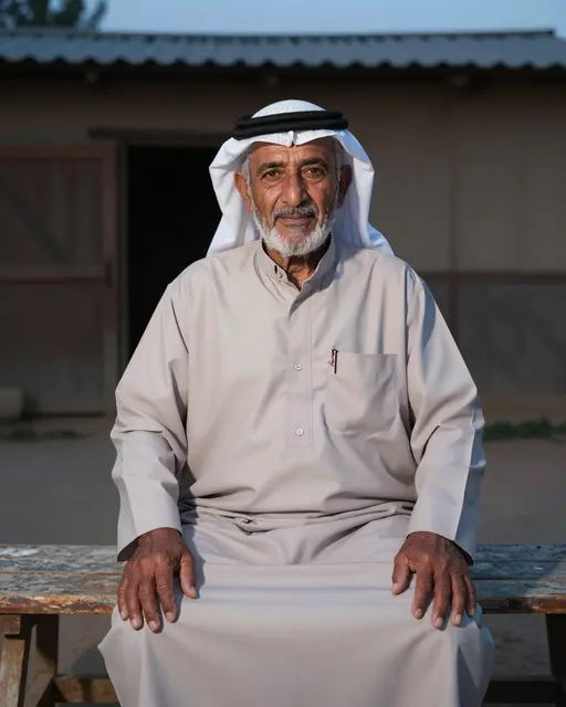 Elderly Middle Eastern man in traditional headwear sits on a weathered wooden bench outside a barn at dusk
