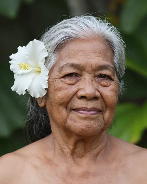 Close-up portrait of an elderly Pacific Islander woman with a white hibiscus in her silver hair and a gentle smile