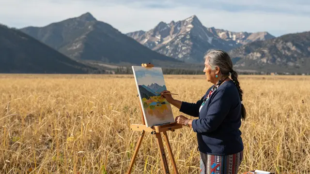 An Indigenous woman in her sixties paints a mountain landscape at an easel in a sunlit golden meadow