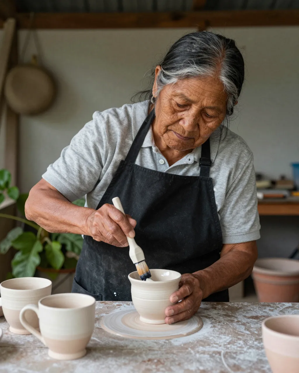 An elderly Indigenous woman glazes a handmade ceramic mug at a pottery workbench inside a shed studio