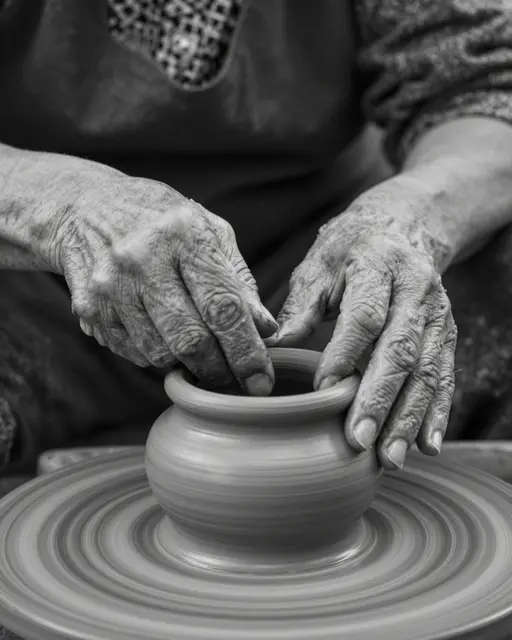 Close-up black and white view of weathered elderly hands shaping a clay pot on a spinning pottery wheel