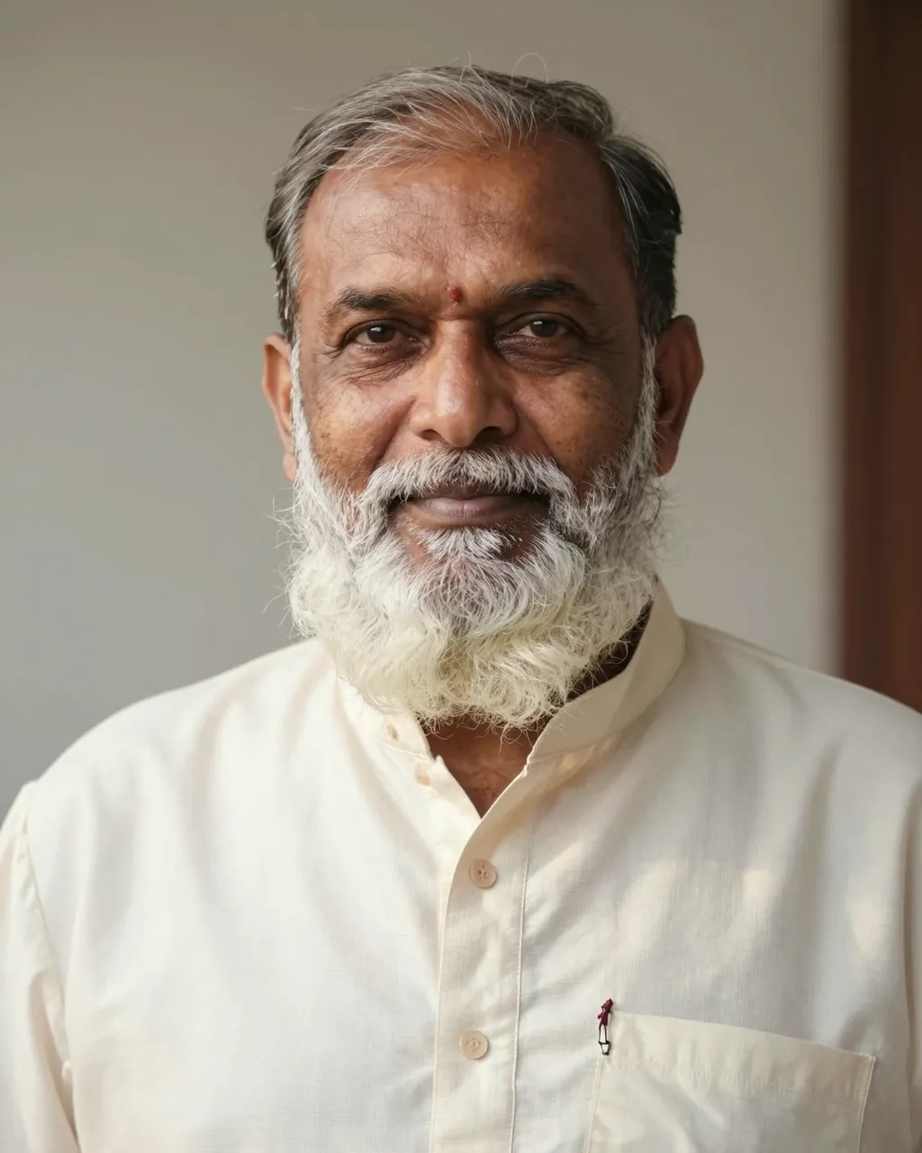Close-up portrait of a senior South Asian man with a long white beard wearing a cream kurta in soft morning light