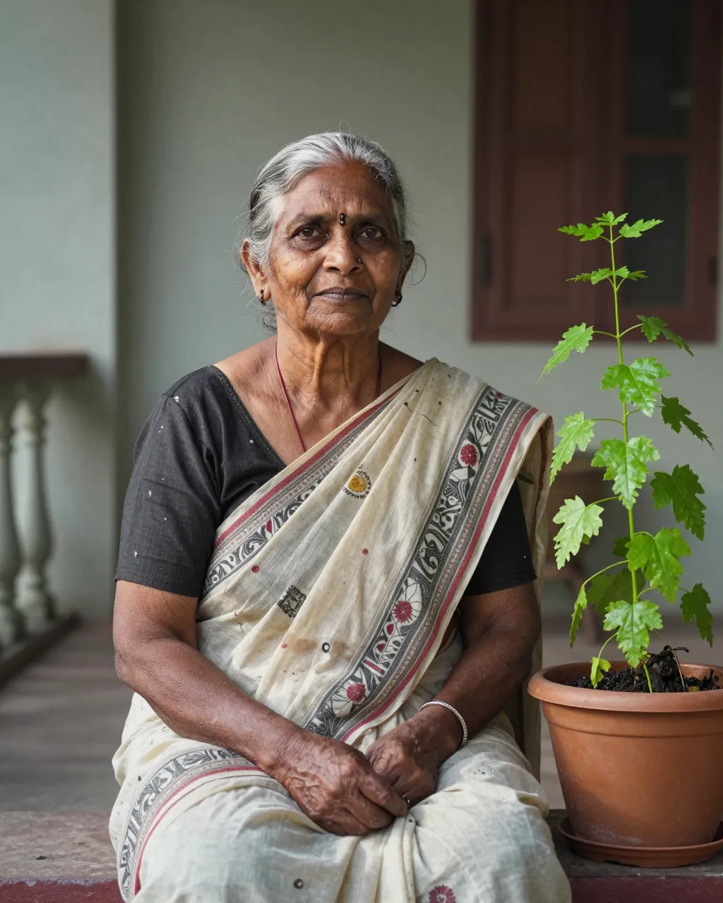 Senior South Asian woman in a cotton sari sits beside a potted plant on a residential veranda in soft morning light