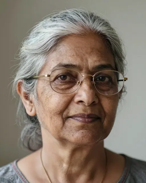 Close-up portrait of an elderly South Asian woman with silver hair and gold rimmed glasses