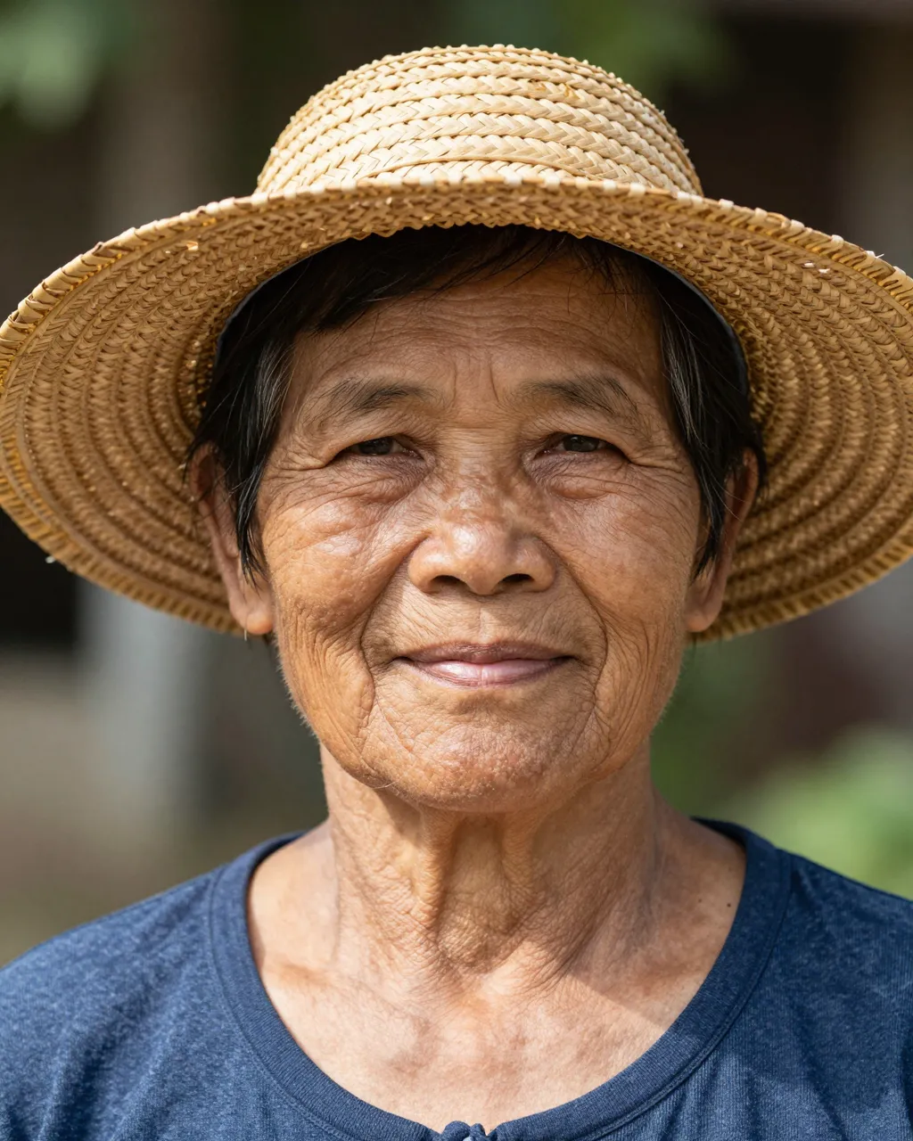 Close-up portrait of a senior Southeast Asian woman in a straw hat with a quiet, gentle smile in soft afternoon light