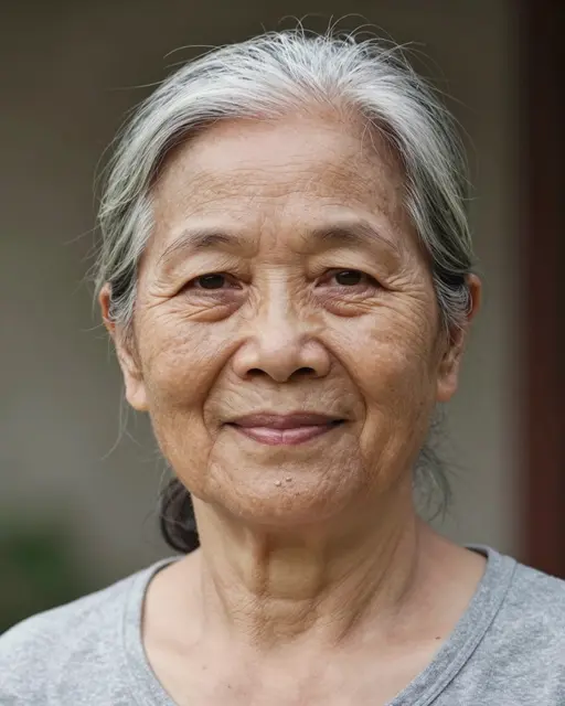 Close-up portrait of an elderly Southeast Asian woman with silver hair and a gentle soft smile