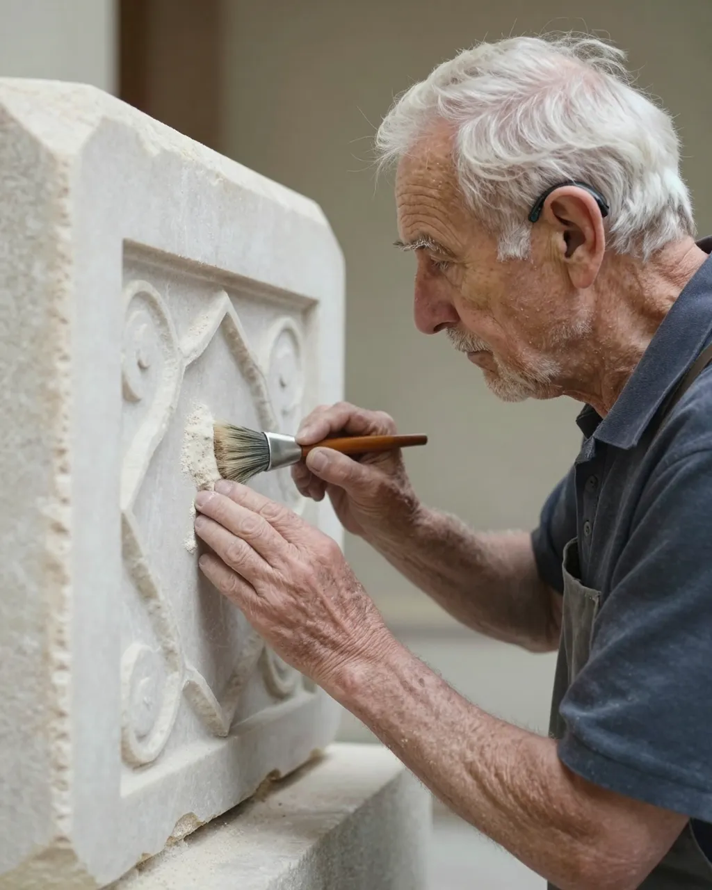 Side view of an elderly stonemason brushing dust from a carved limestone block with a small brush