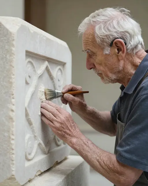 Side view of an elderly stonemason brushing dust from a carved limestone block with a small brush