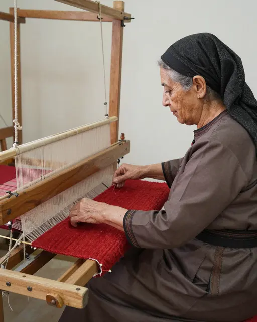 Side view of a senior Middle Eastern woman weaving red wool carpet at a wooden upright loom