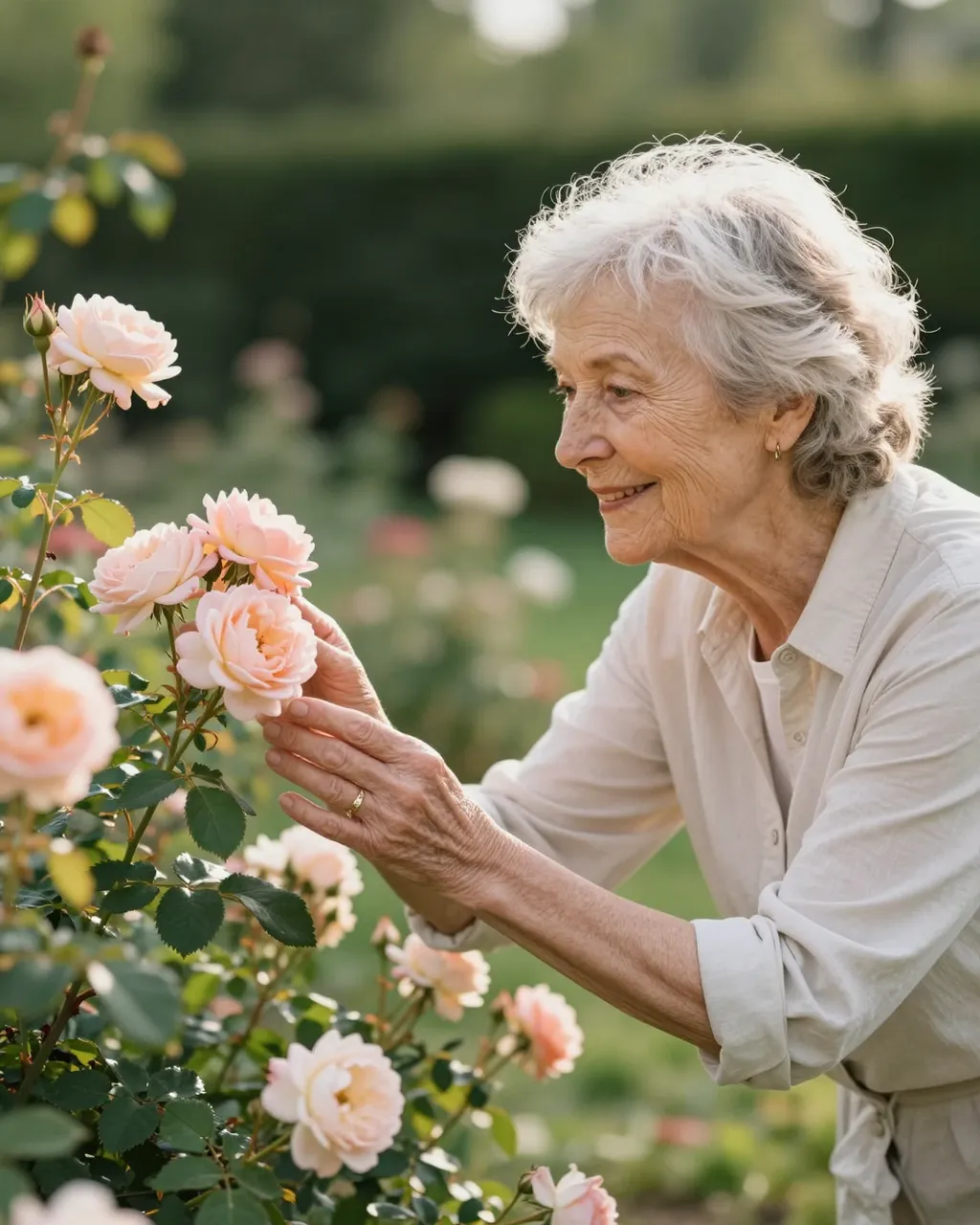 Senior woman gently touches soft pink roses in her sunlit garden with a warm smile
