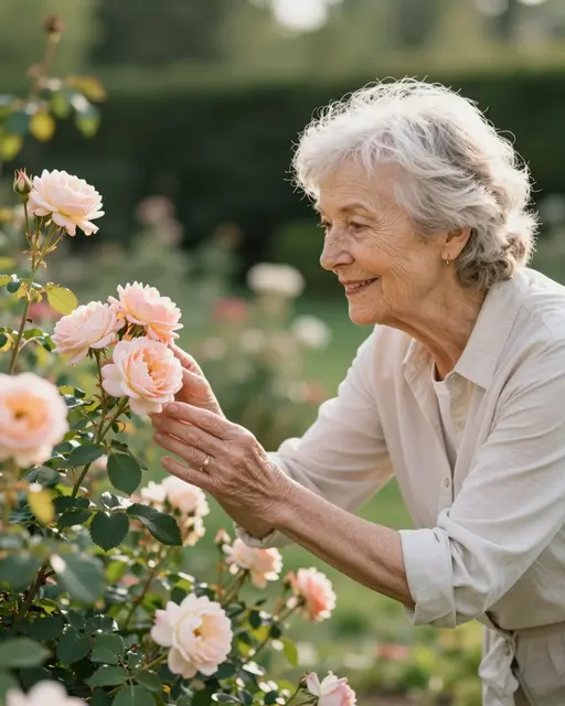 Senior woman gently touches soft pink roses in her sunlit garden with a warm smile