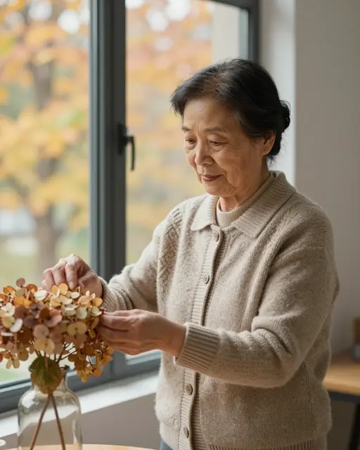 Senior East Asian woman in a knit cardigan adjusts dried hydrangeas in a vase by an autumn window.