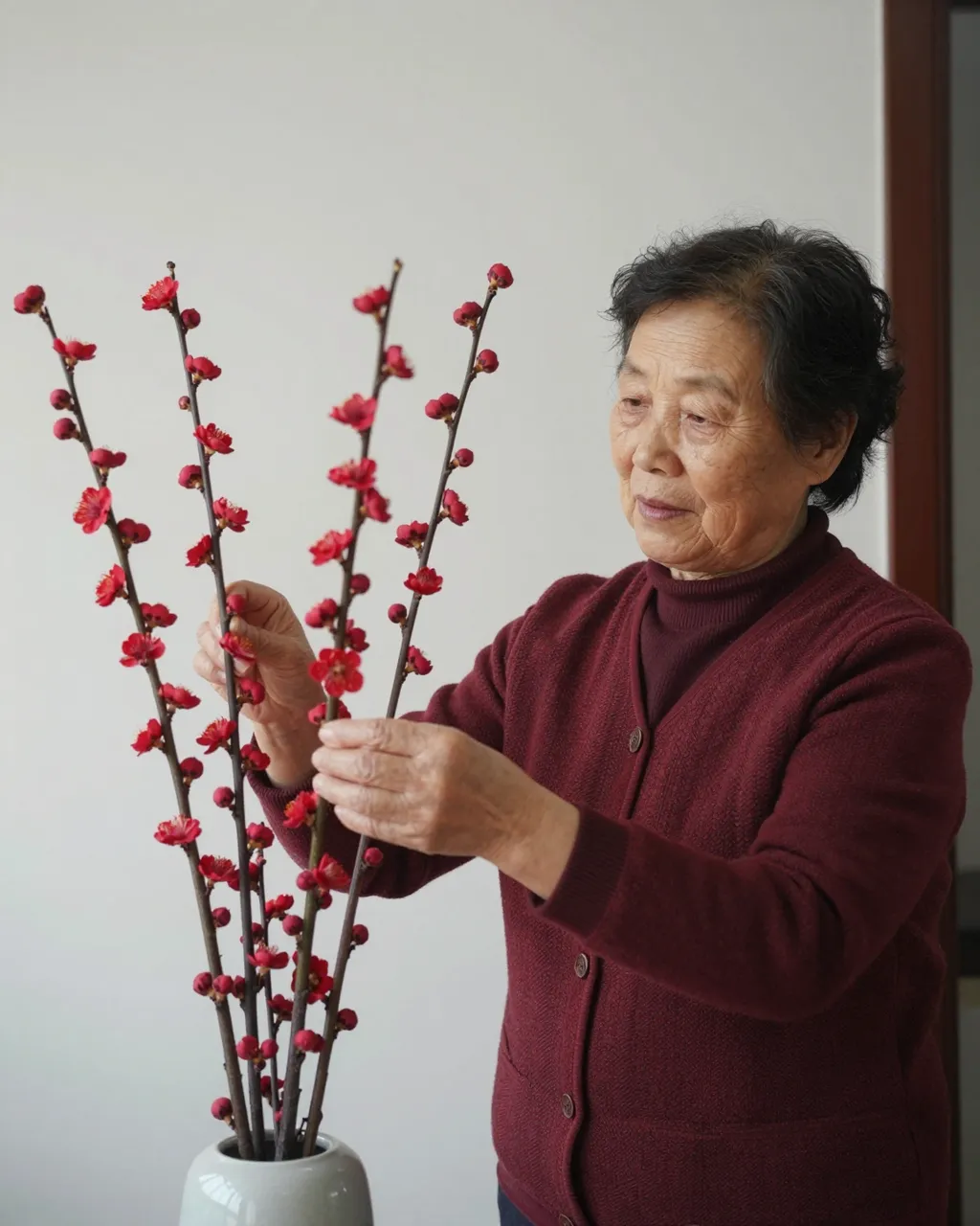 Senior East Asian woman arranging red plum blossom branches in a white vase with soft indoor light