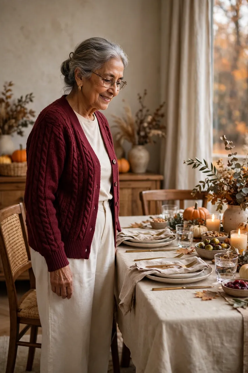 A smiling South Asian senior woman stands next to a festively set Thanksgiving dining table.