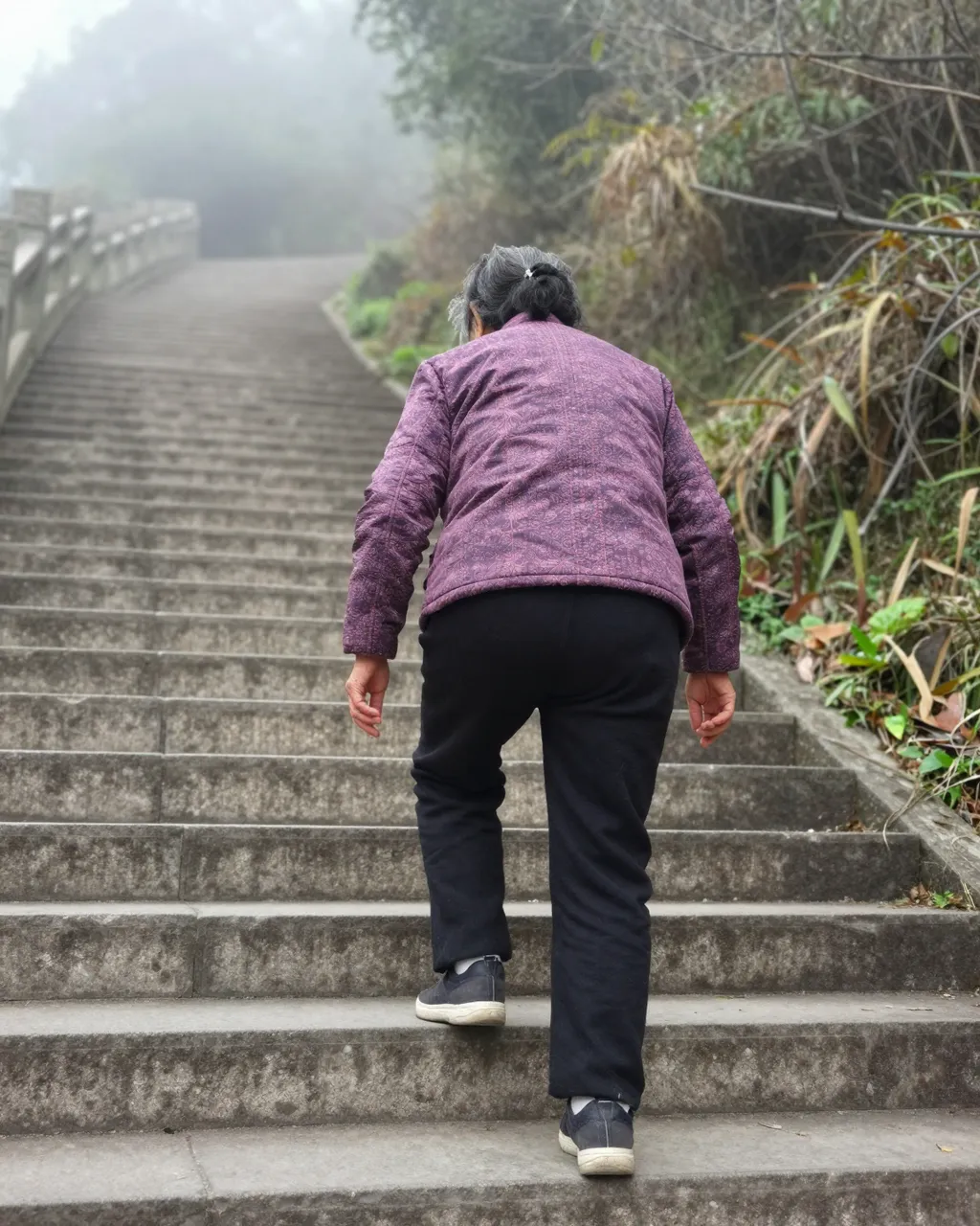 Back view of an older East Asian woman ascending weathered stone steps into foggy hillside foliage