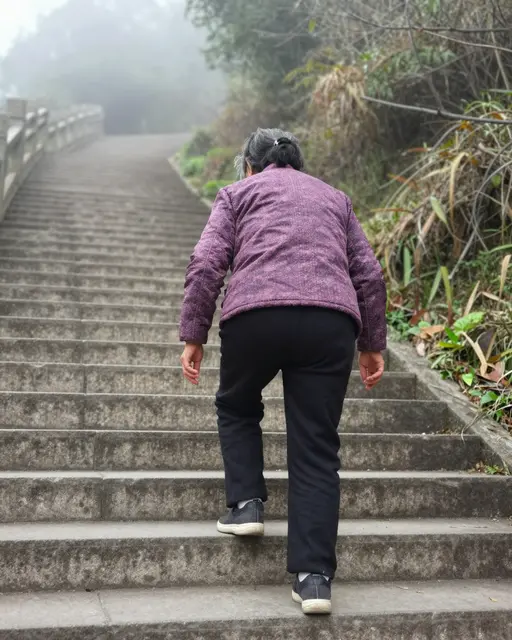 Back view of an older East Asian woman ascending weathered stone steps into foggy hillside foliage