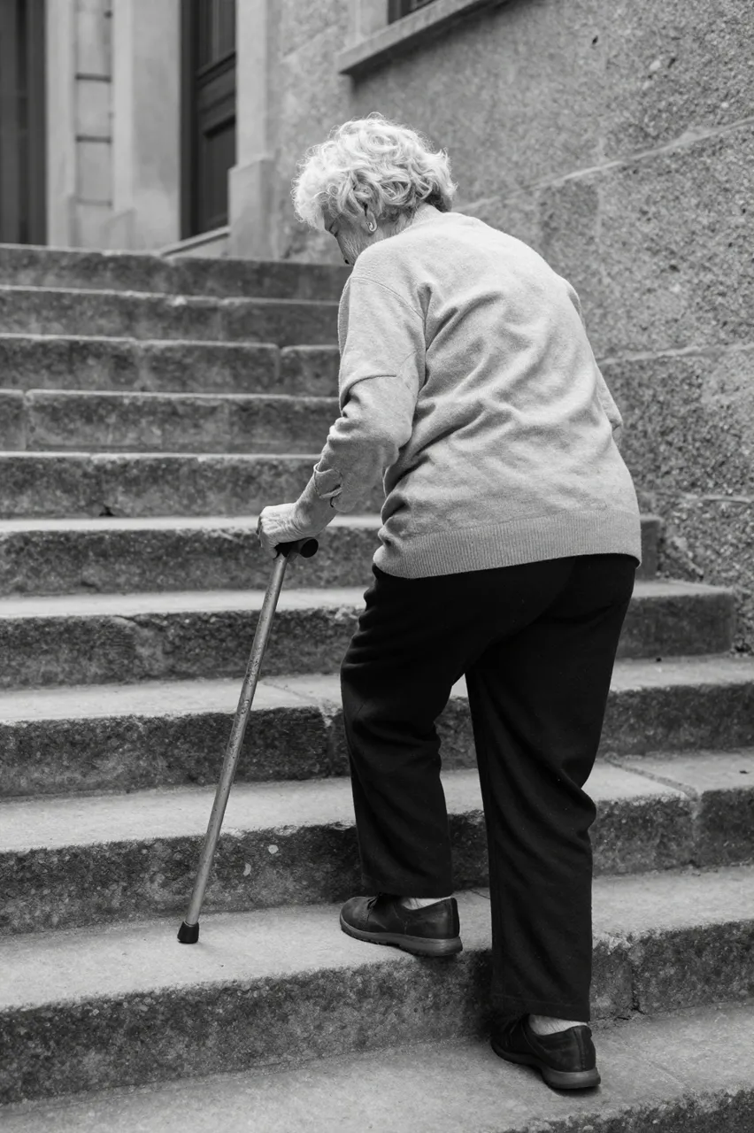 Back view of an elderly woman using a cane to climb exterior stone building stairs in black and white