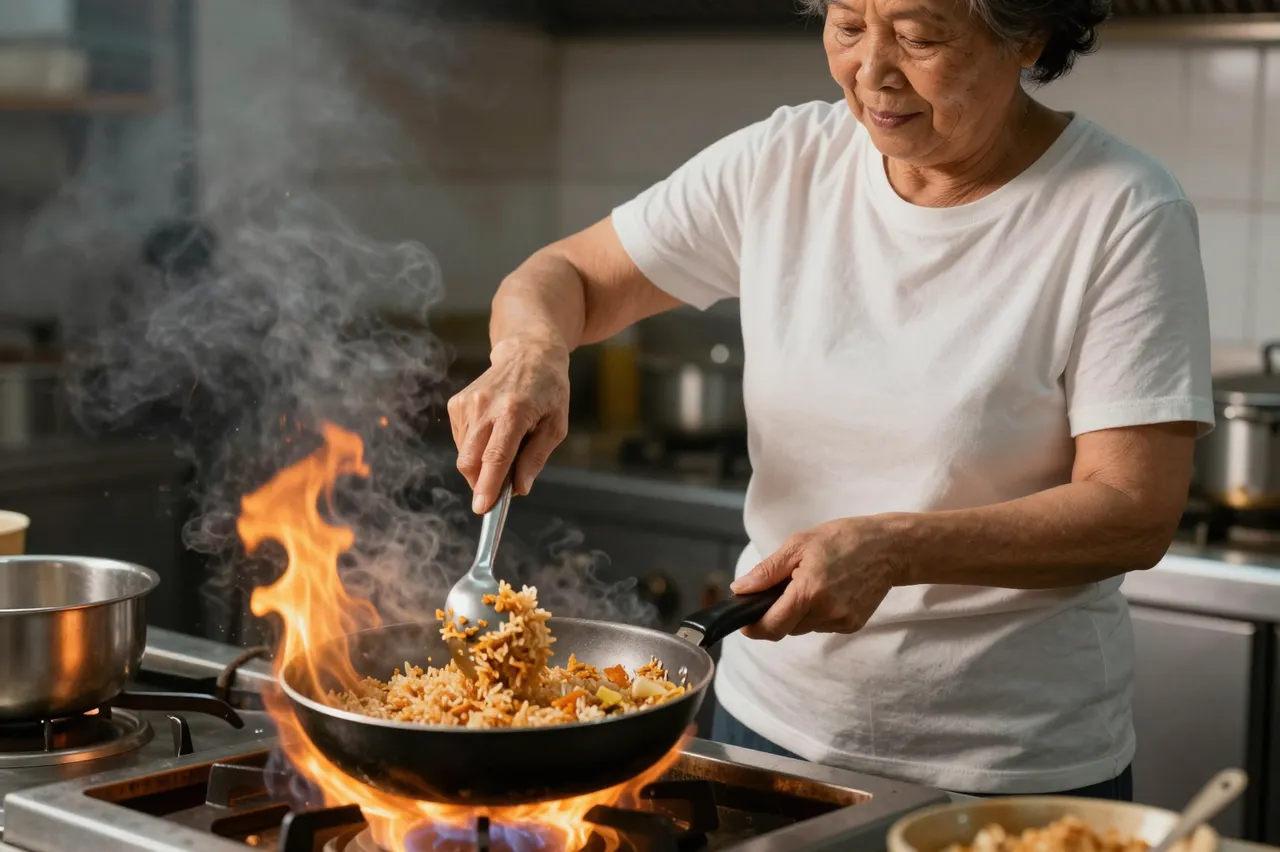 Senior woman cooks fried rice over a flaming stovetop in a kitchen