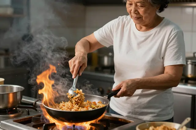 Senior woman cooks fried rice over a flaming stovetop in a kitchen